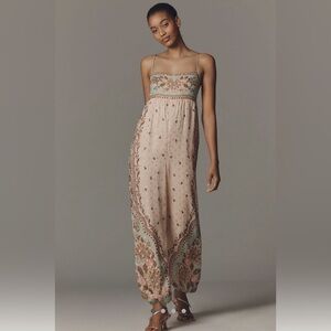 FARM Rio Blush Pink & Sage Embroidered Spaghetti-Strap Jumpsuit